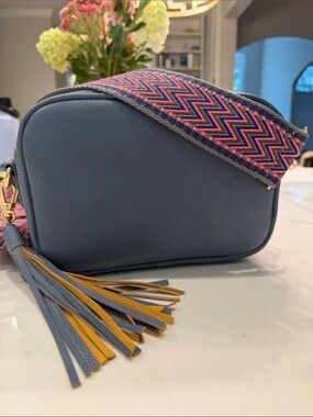 Blue ah-dorned Crossbody Bag with Colorful Strap